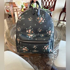 💙💙COACH MEDIUM CHARLIE FLORAL ROSE BOUQUET DARK NAVY CANVAS & LEATHER BACKPACK!